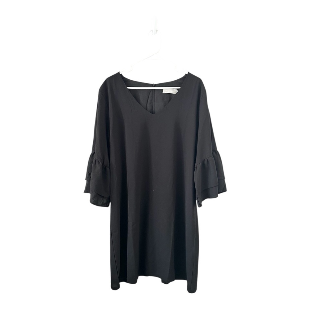 Belongsci Black V-Neck 3/4 Flaired Bell Sleeve Shift Dress Size XXL‎